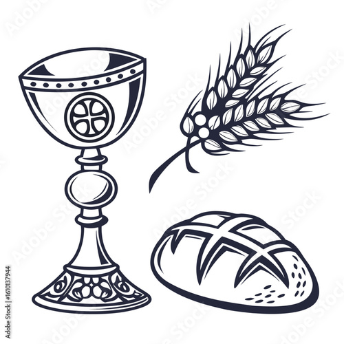 Ornate chalice with bread and wheat stalks communion religious