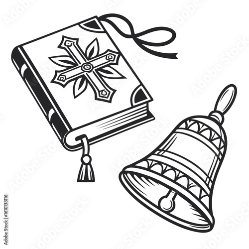 Ornate cross adorned book and decorative bell vector