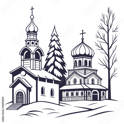 Orthodox churches and bare trees in winter landscape cathedral snow