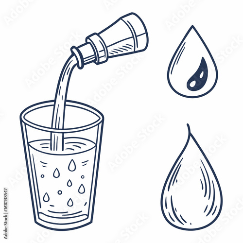 Pouring water into glass with droplets liquid