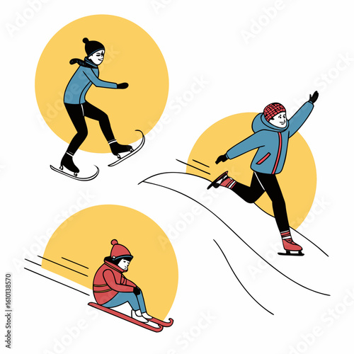 People ice skating and sledding winter sports recreation outdoor activity