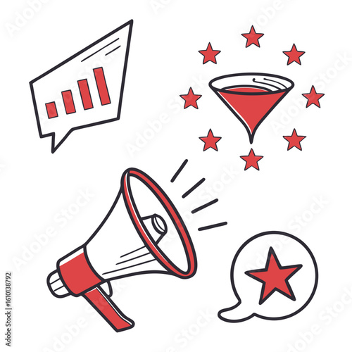 Red megaphone graph stars funnel speech bubble vector