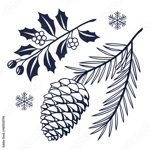 Pine cone holly branch fir needles snowflakes winter