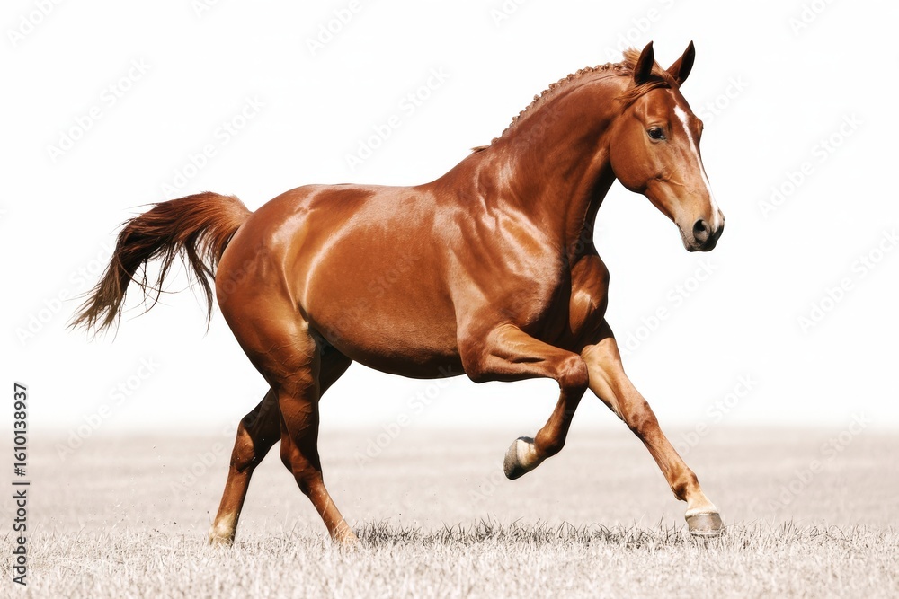 Naklejka premium Majestic chestnut horse galloping freely across a sandy beach with a white background