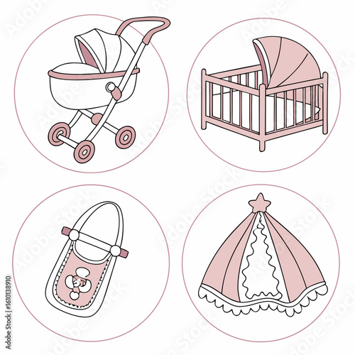 Pink baby stroller crib bib blanket star vector