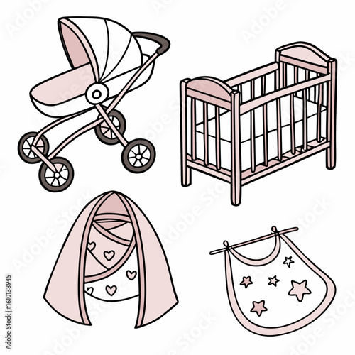 Pink baby stroller crib bib and swaddle with hearts and stars baby bib baby swaddle