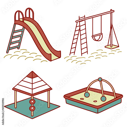 Red slide swing seesaw sandbox playground equipment
