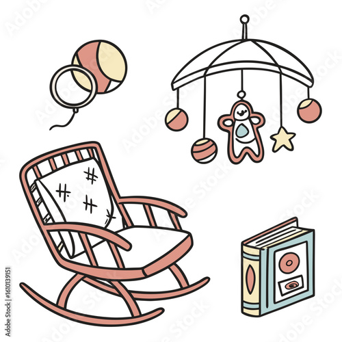 Pink rocking chair baby mobile and book with balloons nursery