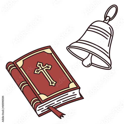 Red book with cross and bell icons religious christian