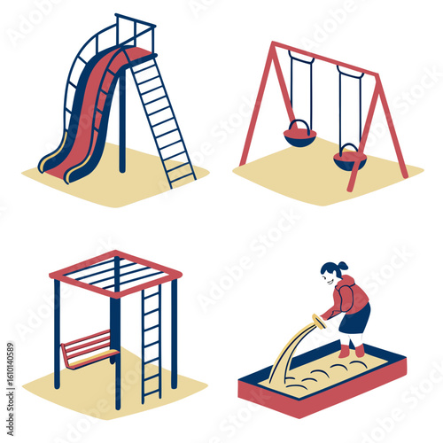 Red blue yellow playground equipment slide swings sandbox seesaw