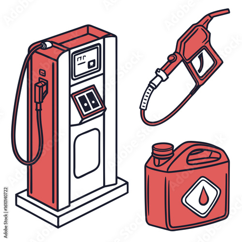 Red gas pump nozzle and fuel can with charging station gas station fuel pump