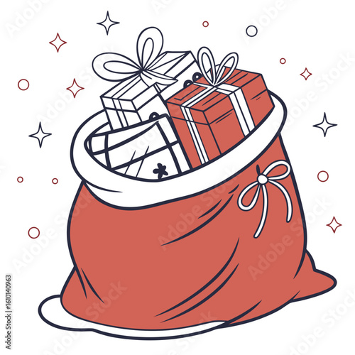 Red sack overflowing with wrapped gifts and festive stars santa sack present