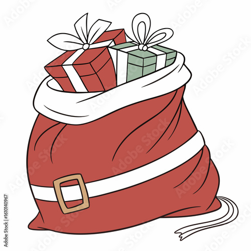 Red Santa sack overflowing with wrapped gifts and bows presents christmas