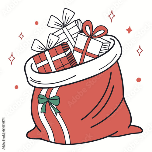Red Santa sack overflowing with festive gifts presents christmas