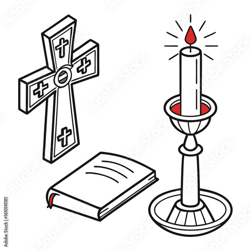 Religious cross candle and book icons flame religion
