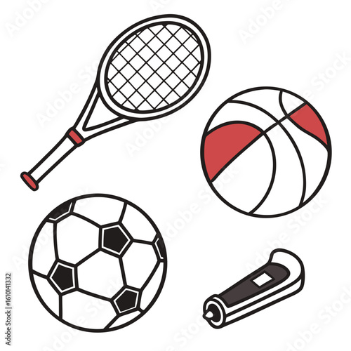 Sports equipment collection with balls and racket soccer ball