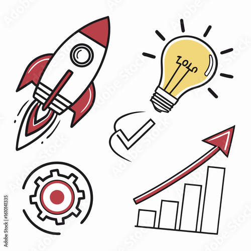 Rocket lightbulb gear and growth chart icons launch spaceship