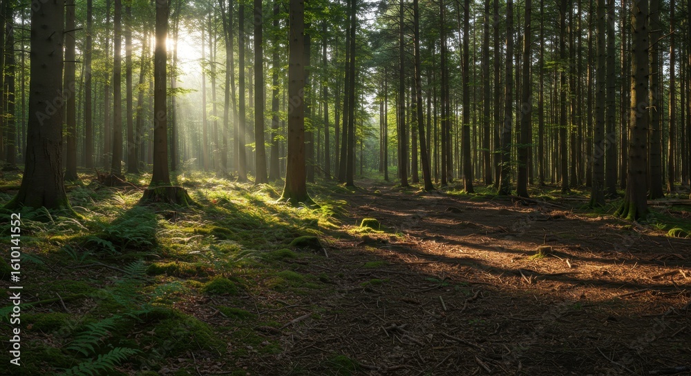 Fototapeta premium Peaceful Sunlight Filtering Through Trees in Dense Forest Landscape with Mossy Floor and Soft Natural Light