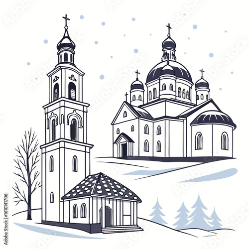Russian Orthodox churches and bell tower winter scene cathedral snow