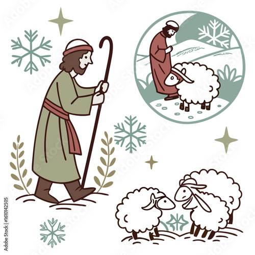 Shepherd tending sheep in winter landscape with snowflakes vector