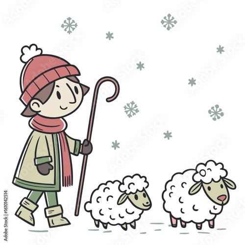 Shepherd with sheep and snowflakes winter christmas