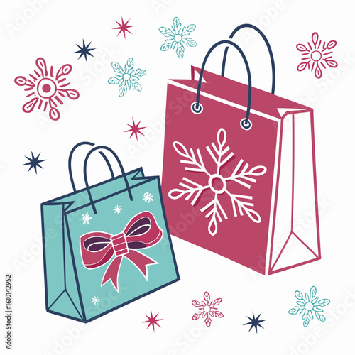 Teal and magenta shopping bags with snowflakes and bow