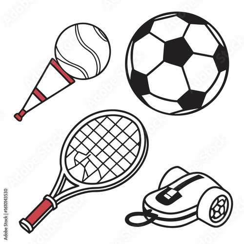 Soccer ball tennis racket whistle and crutch icons sports equipment