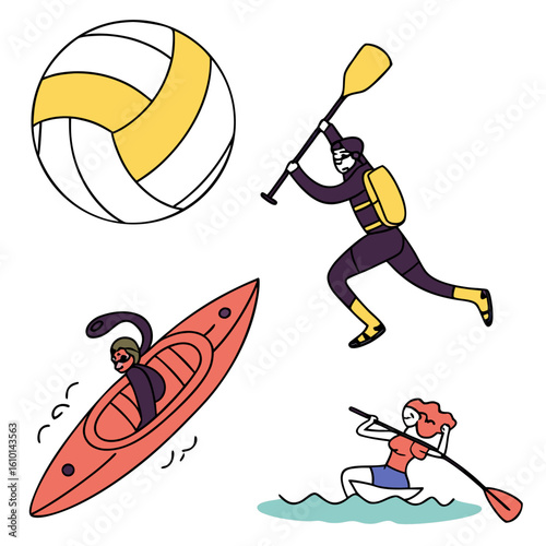 Volleyball kayaking canoeing snorkeling yellow white