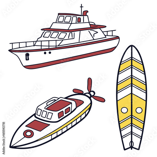 White boats and yellow surfboard ship watercraft