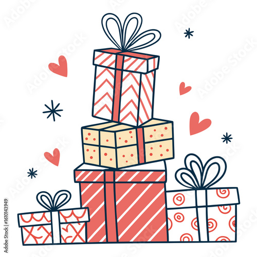 Stack of festive gift boxes with hearts and stars wrapped gifts presents
