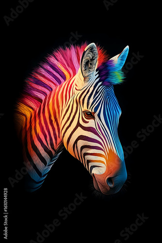 Wallpaper Mural Colorful zebra head with vibrant rainbow mane against a dark background, showcasing artistic expression Torontodigital.ca