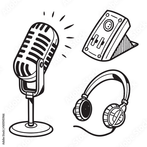 Vintage microphone headphones and audio mixer retro microphone sound equipment