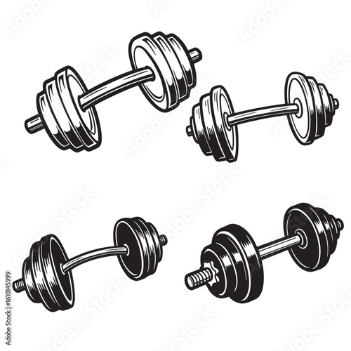 Vector illustration of four black and white vintage art dumbbells for fitness and workout