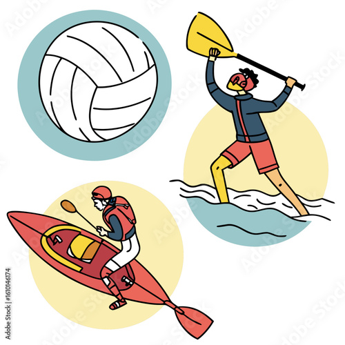 Volleyball kayaking paddleboarding water sports icons summer