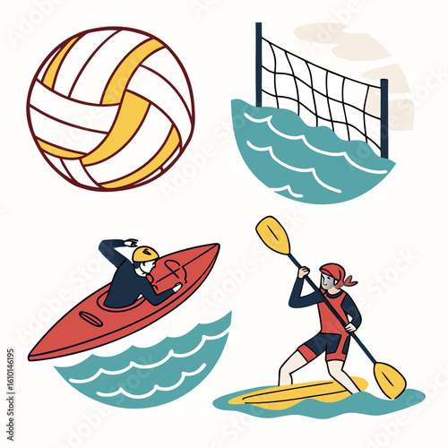 Volleyball Kayaking Paddleboarding Water Sports Icons beach waves