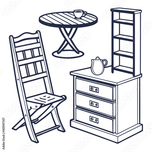 Wooden chair table drawers and shelving unit with teapot vector