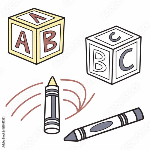 Yellow and blue alphabet blocks with crayons learning education