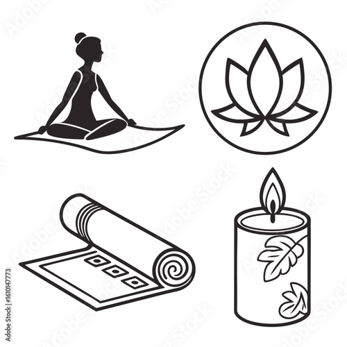 Yoga meditation lotus candle rolled mat icons vector