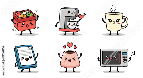 A charming collection of cute kawaii characters representing everyday office and kitchen objects.