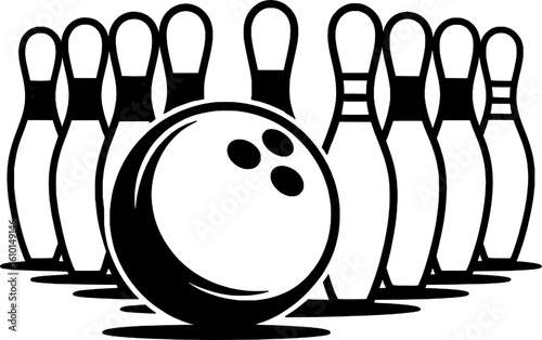 Bowling Arrangement Featuring a Black And White Ball and Pins in a Simple Illustration