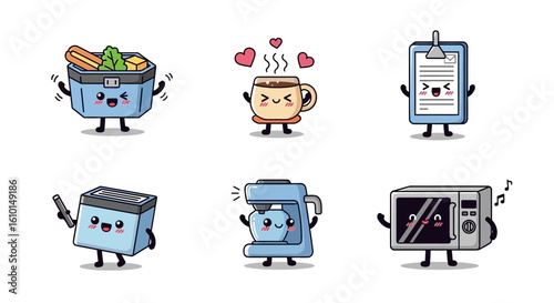 A collection of six cute kawaii-style cartoon characters including a lunchbox, coffee cup, and office supplies.