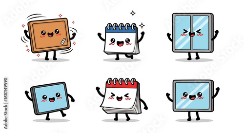 Cute cartoon illustrations of a calendar, window, and door, each with expressive faces and body language.
