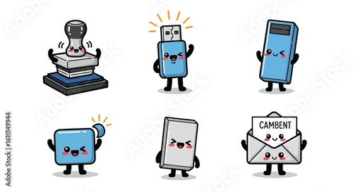 Cartoon illustration of various office supplies and tech devices with cute faces and expressions, including a stamp, USB drive, calculator, hard drive, tablet, and envelope.