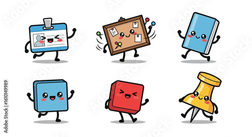 Cute cartoon illustrations of office supplies, including an ID badge, bulletin board, book, and pushpins, all with expressive faces and actions.