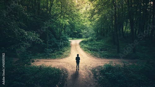 Fototapeta Naklejka Na Ścianę i Meble -  A person standing at a crossroads in a forest deciding which path to take symbolizing life change and uncertainty