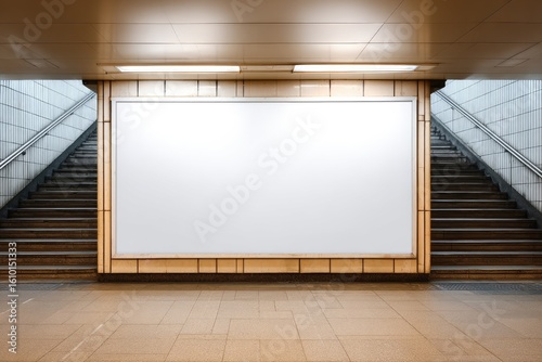 Blank billboard in an underground subway station.  Stairs ascend to upper level
