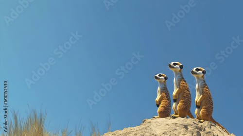 Meerkats Guarding Territory Three vigilant meerkats standing tall on a sunlit sand dune against a clear blue sky, observing the surroundings in a desert environment perfect for wildlife or family