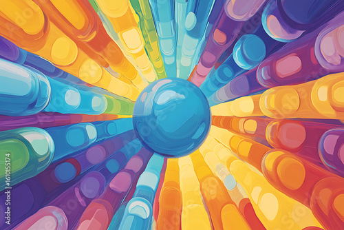 Vibrant rainbow spectrum abstract art colorful radial light burst dynamic energy explosion luminous glowing beams circular motion design vivid multicolor background futuristic digital pattern optical 