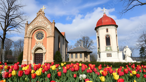 Chapel and tomb in Gomel park. Spring. Many tulips in the Gomel park. The facade of the chapel is made of carved stone and art metal, red unglazed terracotta and multicolor majolica, smalt mosaic.