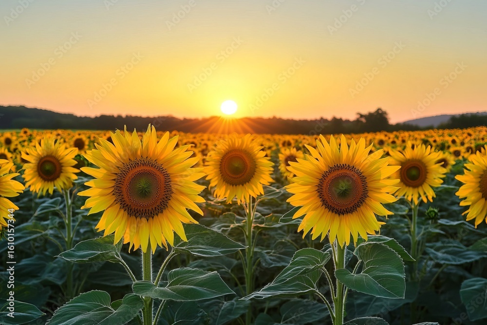 Fototapeta premium Sunflower field glowing in golden sunset light with dramatic colorful sky and lush green leaves